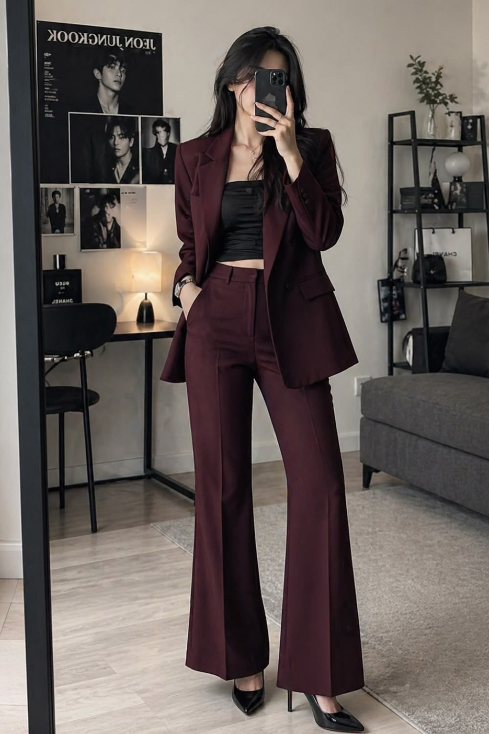 Wine red tailored suit with black top